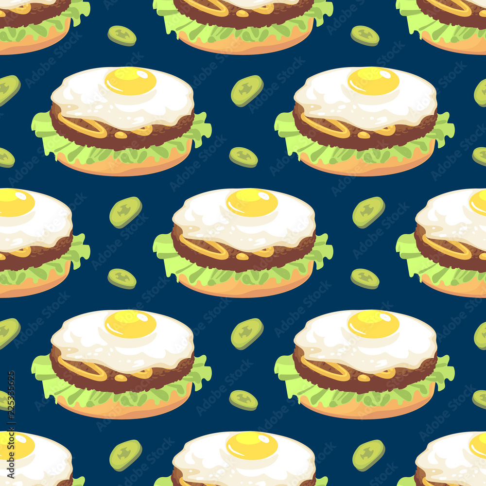 Fast food seamless pattern with omelette sandwich and pickles. Vector illustration background Fast food seamless pattern with omelette sandwich and pickles. Vector illustration background