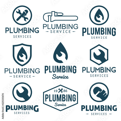 Plumbing repair banners set. Vintage plumber service badges or labels with wrench and water drop