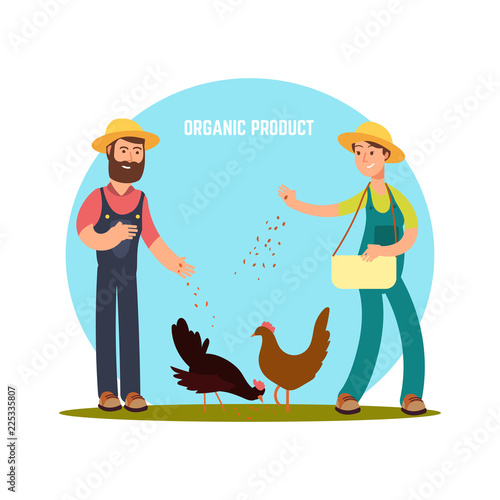 Two farmers feed animals. Cartoon character harvest vector illustration isolated on white background