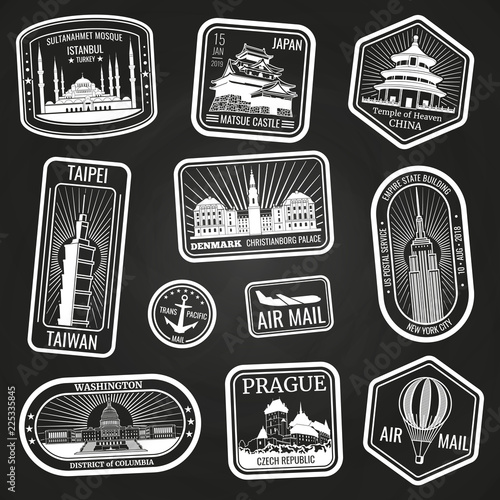 White travel stamps with major monuments and landmarks vector set on black background. Vector illustration