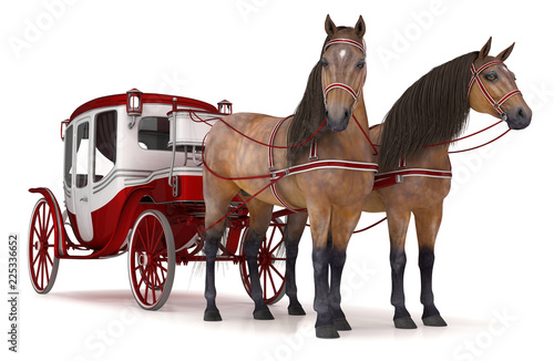 Pair of bay horses pulled into a carriage. 3d illustration isolated on white