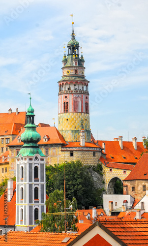Scenic view of castle and church towers in Cesky Krumlov, Czech Republic