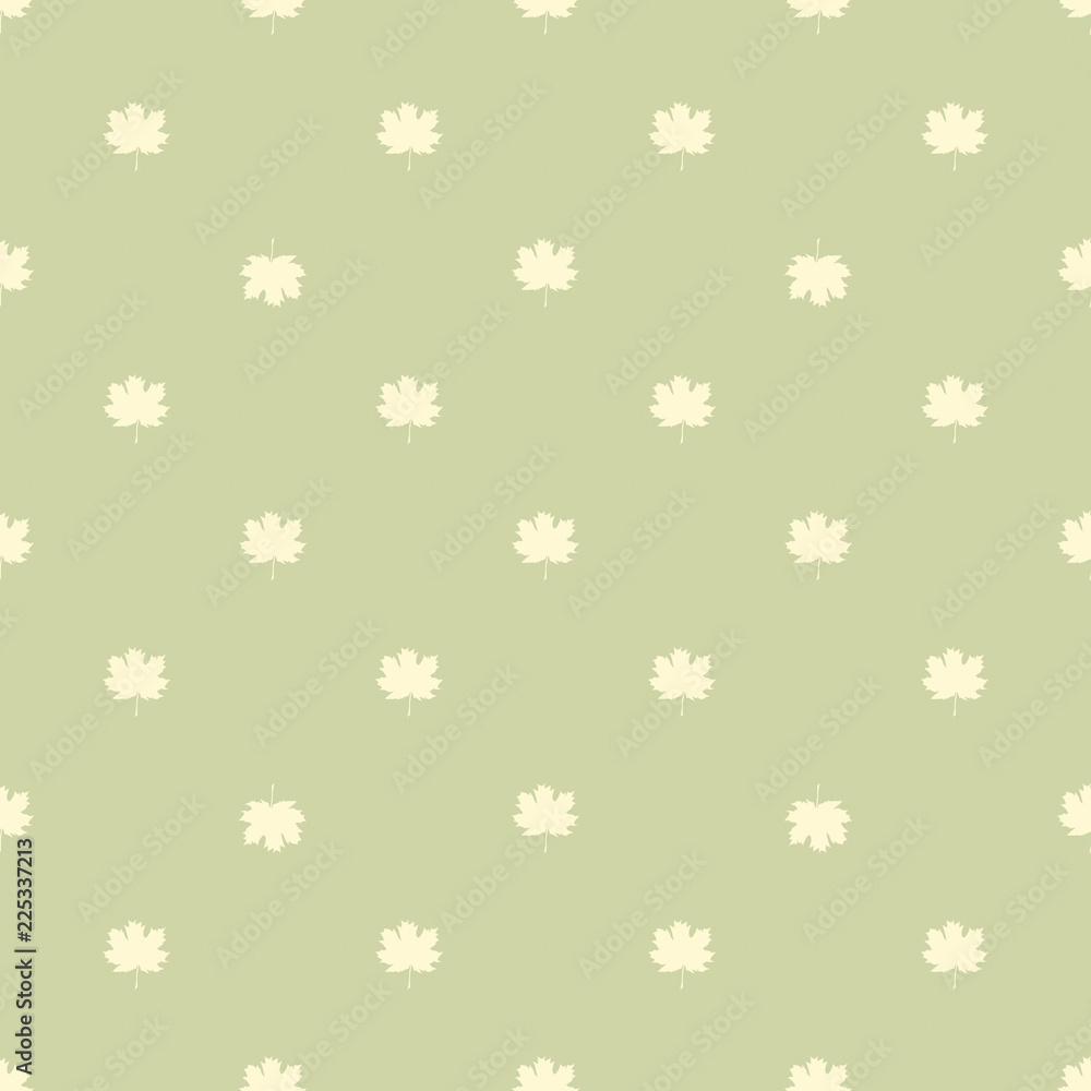 Seamless pattern with autumn maple leaves.  Light yellow leaves on pastel green background. Vector illustration