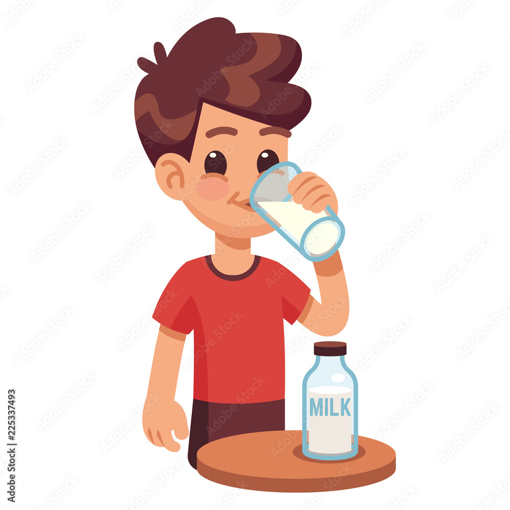 Boy drinks milk. Kid holding and drinking milk in glass. Milk products