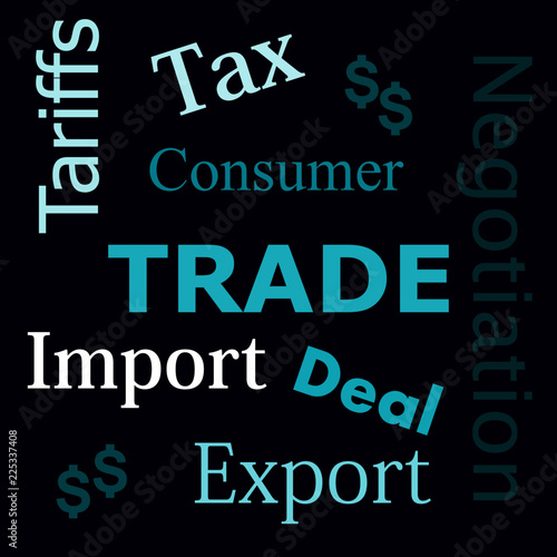Trade related text on dark blue background.