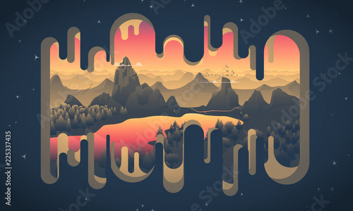 Paysage d'un couché de soleil vectoriel avec des montagnes, un lac, des sapins sur une découpe d'une grotte