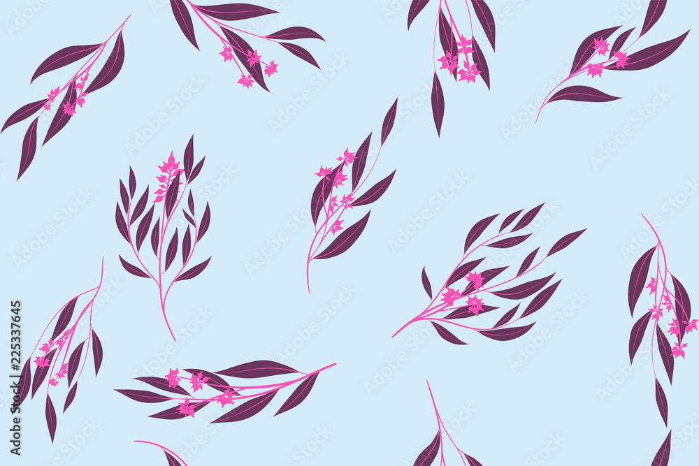 Bright Floral Seamless Pattern. Vector Eucalyptus Leaves and Beautiful Blossom Elements. Colorful Botanical Summer Background. Floral Seamless Pattern for Wedding Design, Print, Textile, Fabric, Paper