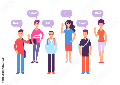 Foreign language concept. Students greeting in english french german japanese. Language class and foreign languages vector background. Education translation phrase, student say hello illustration
