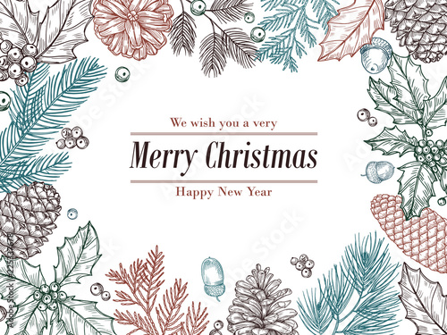Christmas vintage invitation. Winter fir pine branches, pinecones floral border. Christmas, xmas botanical sketch frame vector card. Pine branch frame for holiday xmas illustration