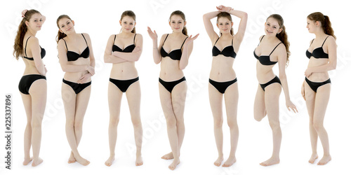 Pretty teenage girl in bikini as a photomontage with different poses and emotions