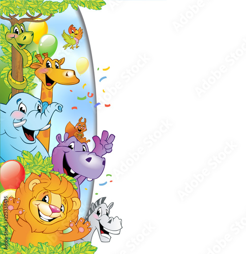 Fototapeta Naklejka Na Ścianę i Meble -  Cartoon cheerful animals, holiday background