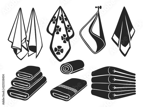 Black towels vector set icons. Bath, beach and kitchen soft fabric towels isolated on white background illustration