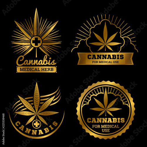 Cannabis banners or labels design. Gold medical logos vector set illustration