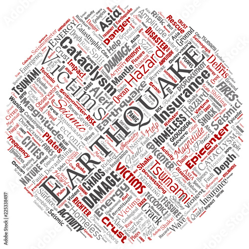 Vector conceptual earthquake activity round circle red word cloud isolated background. Collage of natural seismic tectonic crust tremble, violent tsunami waves risk, tectonic plates shifting concept