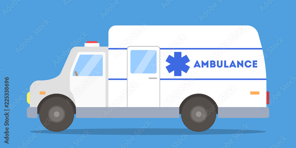 White and blue ambulance car side view White and blue ambulance car side view