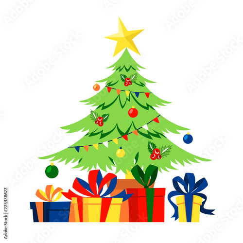 Christmas green tree with gift boxes around