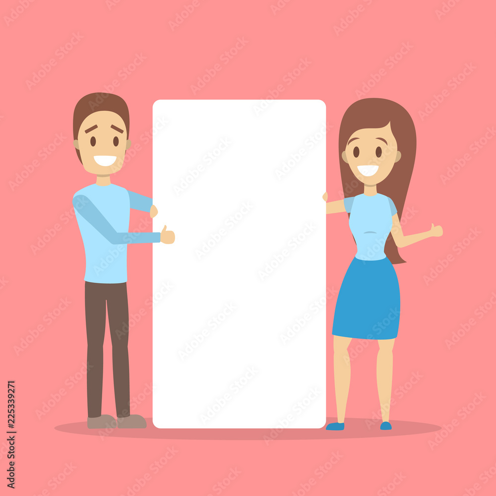 Business character standing behind blank paper sheet. Business character standing behind blank paper sheet.