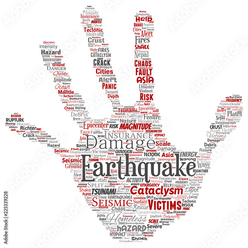 Vector conceptual earthquake activity hand print stamp word cloud isolated background. Collage of natural seismic tectonic crust tremble, violent tsunami waves risk, tectonic plates shifting concept