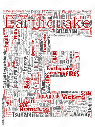 Vector conceptual earthquake activity letter font E red word cloud isolated background. Collage of natural seismic tectonic crust tremble, violent tsunami waves risk, tectonic plates shifting concept