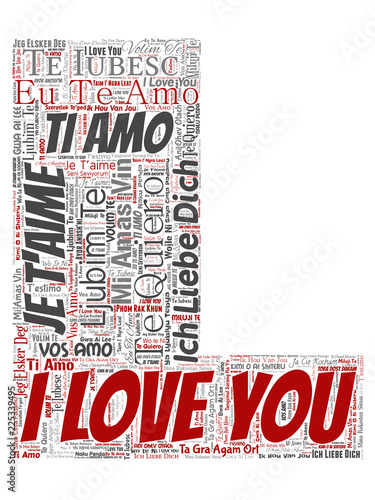 Vector conceptual sweet romantic I love you multilingual message letter font L red word cloud isolated background. Collage of valentine day, romance affection, happy emotion or passion lovely concept