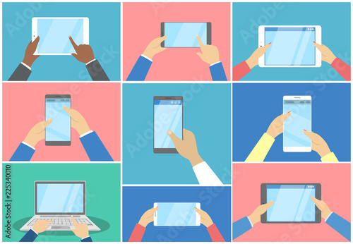 Hands using different digital devices set illustration