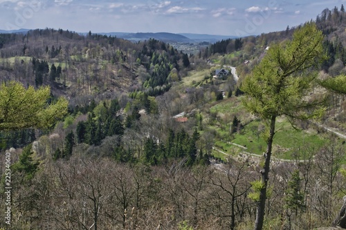 Góry Sowie na wiosnę, widok na Sudety z fortu w Srebrnej Górze, wiosenny krajobraz górski z modrzewiami z widocznymi liniami zielonych drzew 