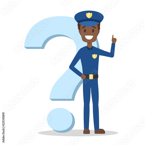 Male policeman standing at the question mark