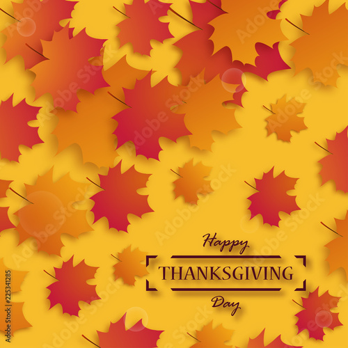 Thanksgiving Day. Happy Thanksgiving holiday design with bright autumn leaves and greeting text on yellow background
