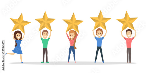 Happy satisfied people holding 5 huge golden stars