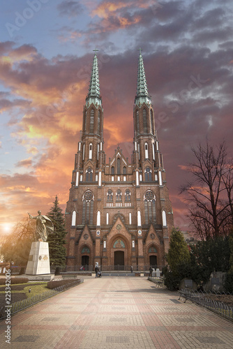 Twin Towered Cathedral of Saint Michael the Archangel and Saint Florian the Martyr in the Praga District of Warsaw, Poland at sunset