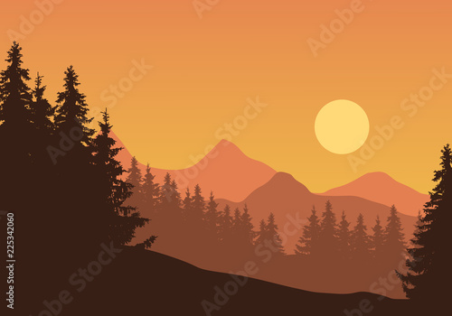 Realistic illustration of mountain landscape with coniferous forest and trees  under orange sky with sun