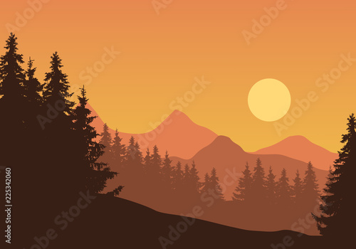 Realistic illustration of mountain landscape with coniferous forest and trees, under orange sky with sun