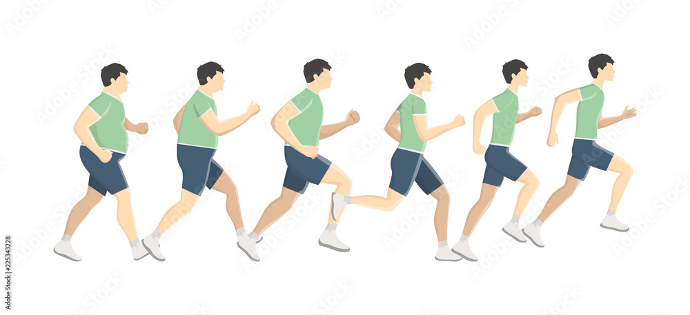 Fat man lose weight while running or jogging Stock Vector