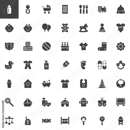 Newborn baby equipment vector icons set, modern solid symbol collection, filled style pictogram pack. Signs, logo illustration. Set includes icons as Baby bottle, Pacifier, Pram, Teddy bear, Diaper