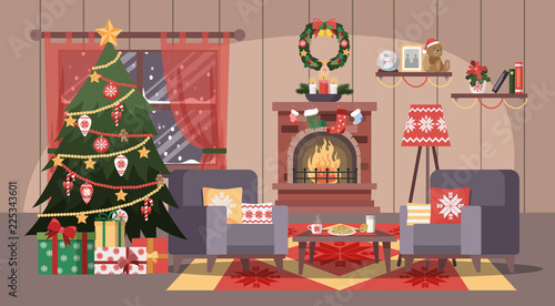 Christmas cozy room with tree and gift boxes.