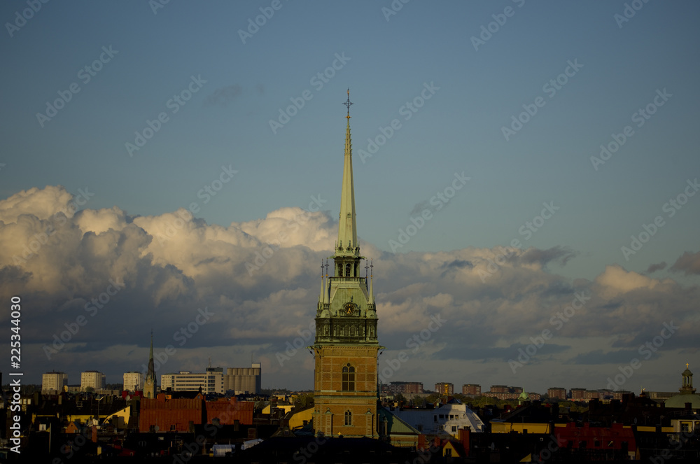 German church in old town at sunset in Stockholm, Sweden
