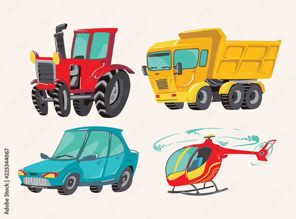 Funny cute hand drawn cartoon vehicles. Baby bright cartoon helicopter, big truck, car, and tractor. Transport child items vector illustration on light background. Funny cute hand drawn cartoon vehicles. Baby bright cartoon helicopter, big truck, car, and tractor. Transport child items vector illustration on light background.