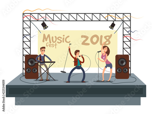 Music festival concert with pop music band playing music. Musician and singer duet on stage vector illustration. Musician stage with sound and singer