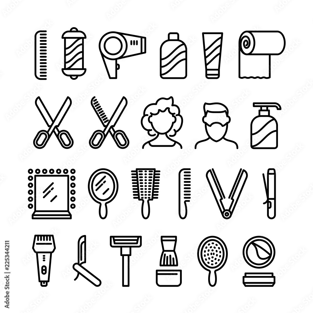 Obraz premium Hair salon icons. Beautiful hairstyle and haircut vector line symbols. Illlustration of equipment barbershop shampoo and comb, brush and scissors outline