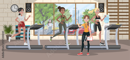 Group of women training on the treadmill