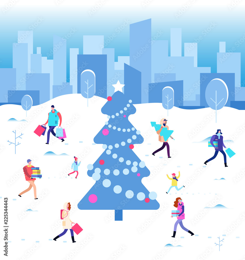 Happy christmas holiday. Winter people walking at city christmas tree. Family on winter vacation. Wintertime vector concept. Illustration of people with xmas tree