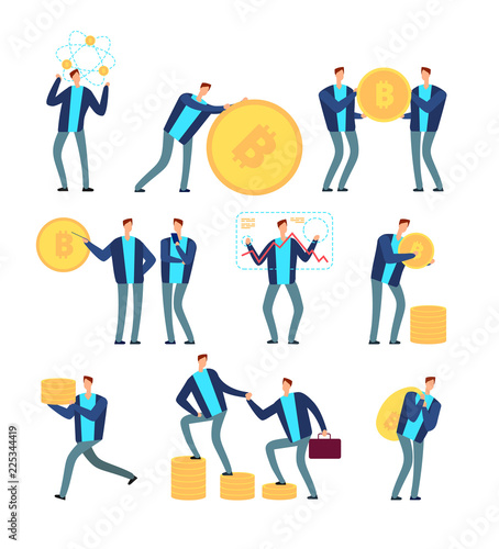 Ico and blockchain concept. Business people with cryptocurrency and tokens. Globe digital mining and profit vector set. Business virtual coin, internet ico, startup with token illustration