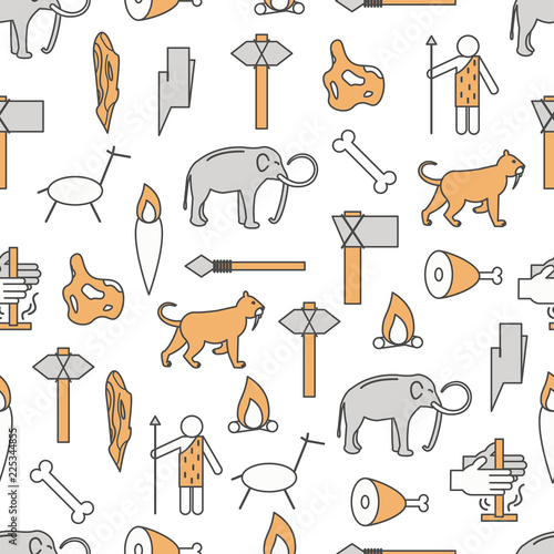 Vector thin line art cave people seamless pattern