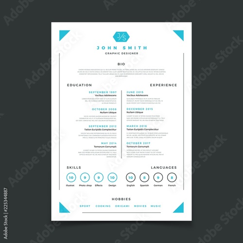 Cv template. Professional resume design with business details. Curriculum and best work resume vector mockup. Illustration of interview candidate, education skill and language, experience and hobby