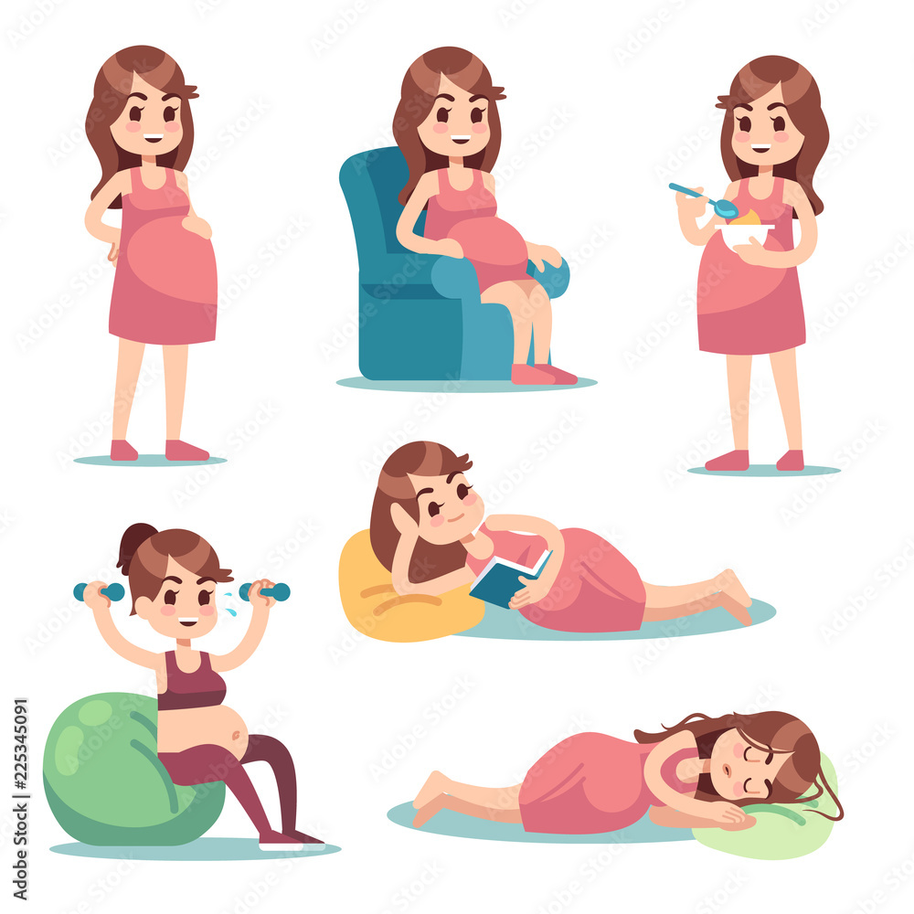 Pregnant woman. Happy mother in pregnancy eating, doing exercises, sitting and standing. Young pregnant female vector characters. Mother pregnant, healthy fitness for female pregnancy illustration Pregnant woman. Happy mother in pregnancy eating, doing exercises, sitting and standing. Young pregnant female vector characters. Mother pregnant, healthy fitness for female pregnancy illustration