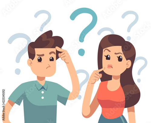 Young troubled couple. Confused woman and man thinking together. People with question marks vector illustration. Man and woman with question, thinking guy