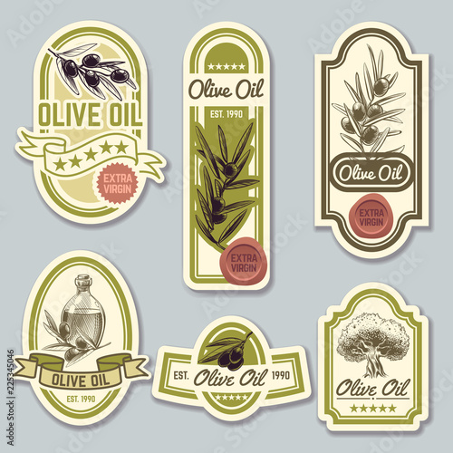 Olive oil labels. Bottle premium packaging with olives. Vector set. Illustration of olive oil sticker for bottle