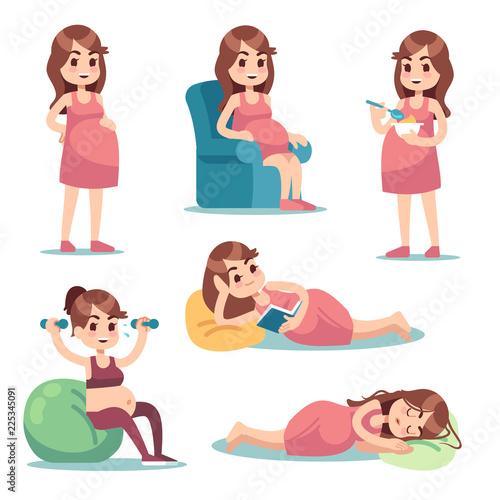 Pregnant woman. Happy mother in pregnancy eating, doing exercises, sitting and standing. Young pregnant female vector characters. Mother pregnant, healthy fitness for female pregnancy illustration