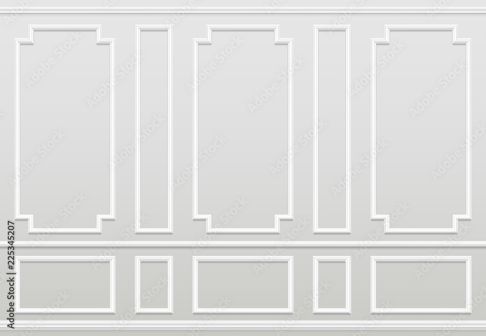 Empty white wall. Moulding panels classic home decoration. Living room vector interior. Illustration of wall plaster panel, architecture interior
