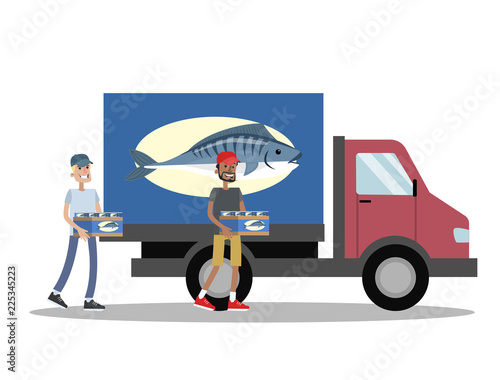 Truck with fish delivery. People carry seafood